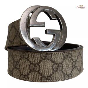 Auth Gucci Dark Brown GG Plus Monogram Interlocking G Buckle Belt Size 85/34